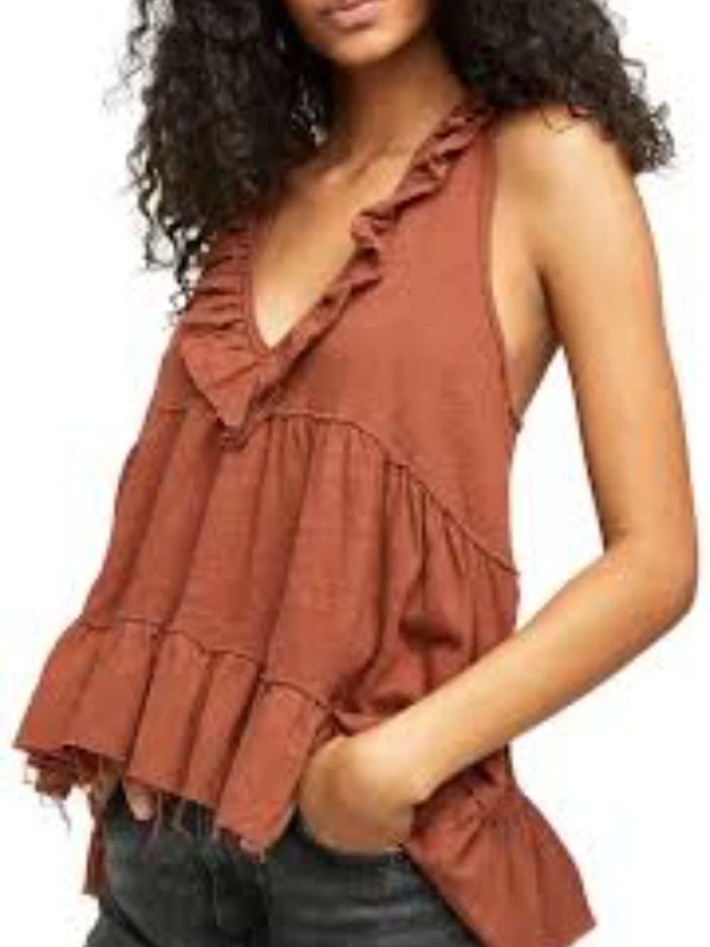 Ruffled V-Neck Tiered Tank Top - Rust